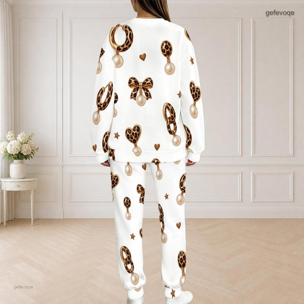 Women Plus Size White Halloween Printed Round Neck Long Sleeve Two Piece Set With Side Pockets