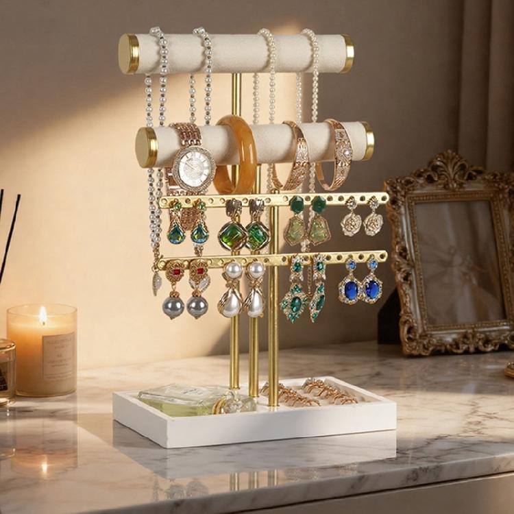 Versatile T Bar Jewelry Stand Organizers for Shop or Home Use Sturdy Metal Base with Removable Wooden Display Rods
