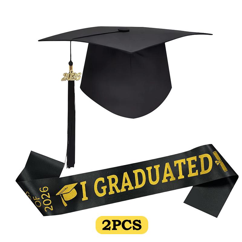 1/2/3Pc Class Of 2026 Black Golden Satin Sash Bachelor Cap With Tassel Graduation Shoulder Strap Congrats Grad Party Photo Props