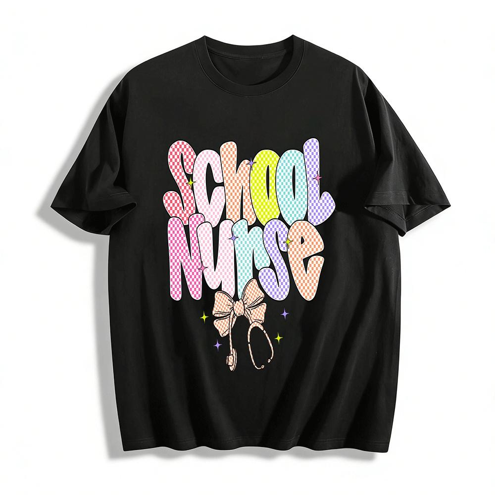 

Checkered Pattern School Nurse Themed Printed Top Pure cotton T-shirt XXS