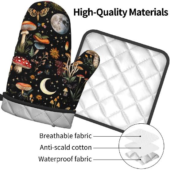 Cute Black Mushroom Fairy Tale Oven Mitts and Pot Holders Sets of 3, Heat Resistant Black Hot Pads Witchy Oven Gloves for Cooking Grilling Baking