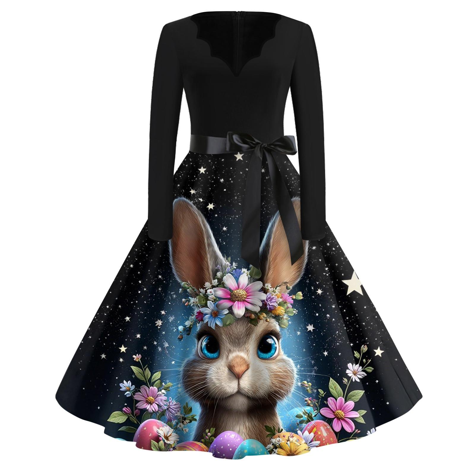 Print Flare Dress For Women Long Sleeve Dress Hollow Party Casual Dresses L чёрный