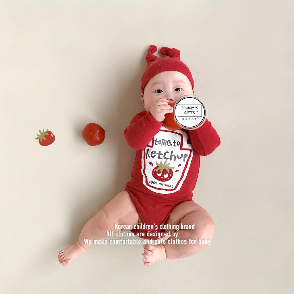 New Spring Autumn Bodysuit Korean Style Cartoon Tomato Print for Baby Girl Boy Jumpsuit with Cap Infant Clothes B2268 66cm 3-6M красный