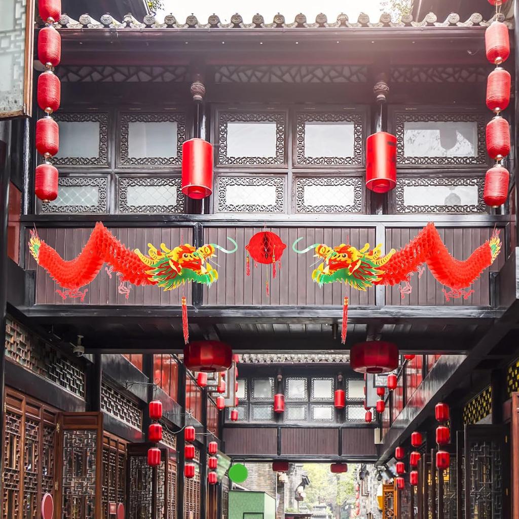 2pcs Chinese New Year Dragon, Chinese Dragon Garland Hanging Decoration with 1 Lantern for Spring Festival Lunar New Year Party Home, Shops,