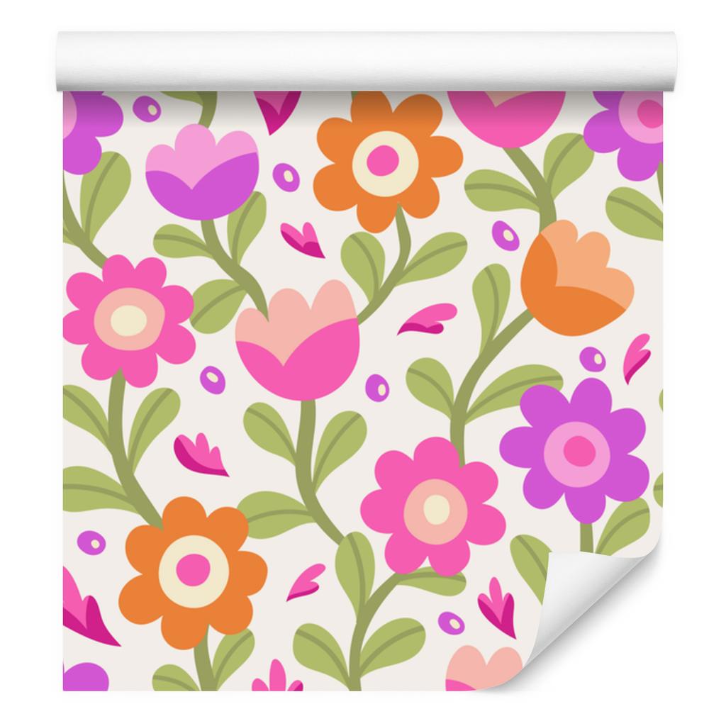 Wallpaper Colorful Flowers White and Powder Pink for Living Room and Bedroom 50x1000