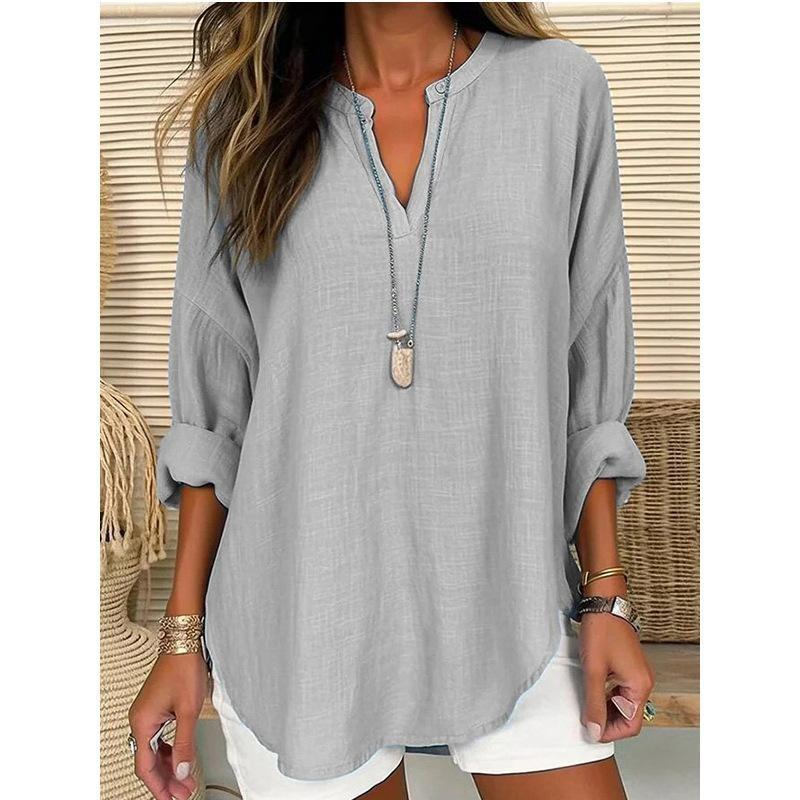 2026 New Women's Casual Simple Long-Sleeve V-Neck Solid Color Loose Top