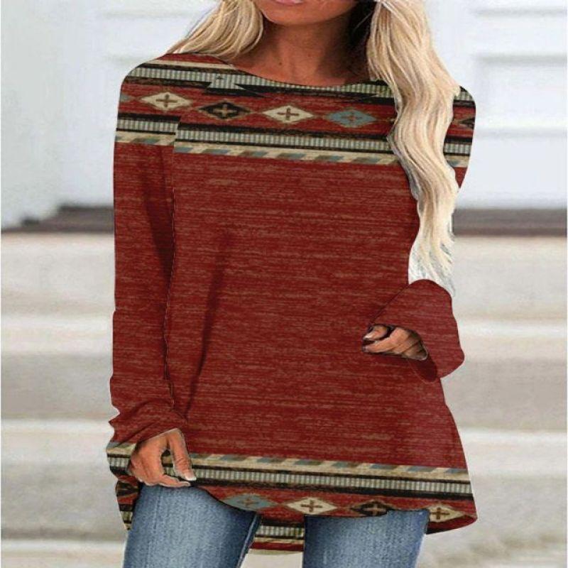 New 3D Ethnic Tribal Style Printed Round Neck Women's T-shirt Long-sleeved Bottoming Shirt Casual Loose Top Breathable Pullover