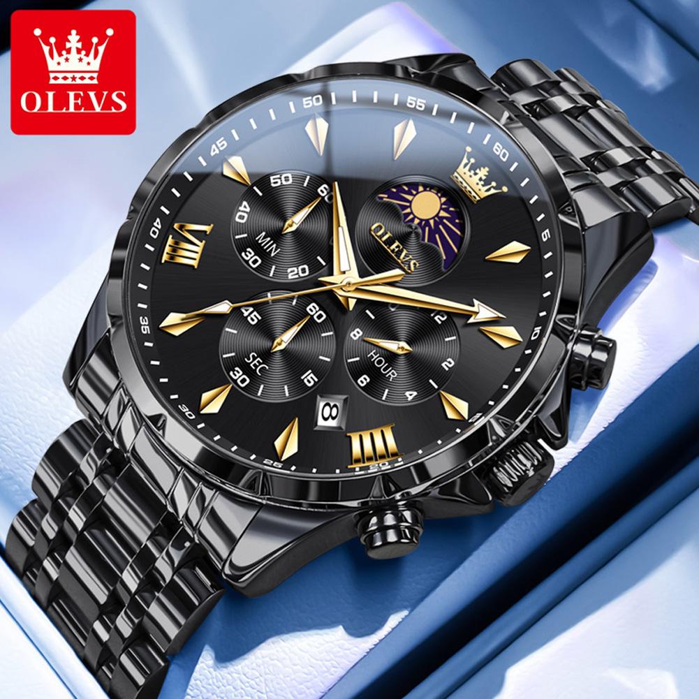 OLEVS Original Chronograph Quartz Watch For Men Moon Phase Stainless Steel Waterproof Man Watch Date Fashion Wrist Watch