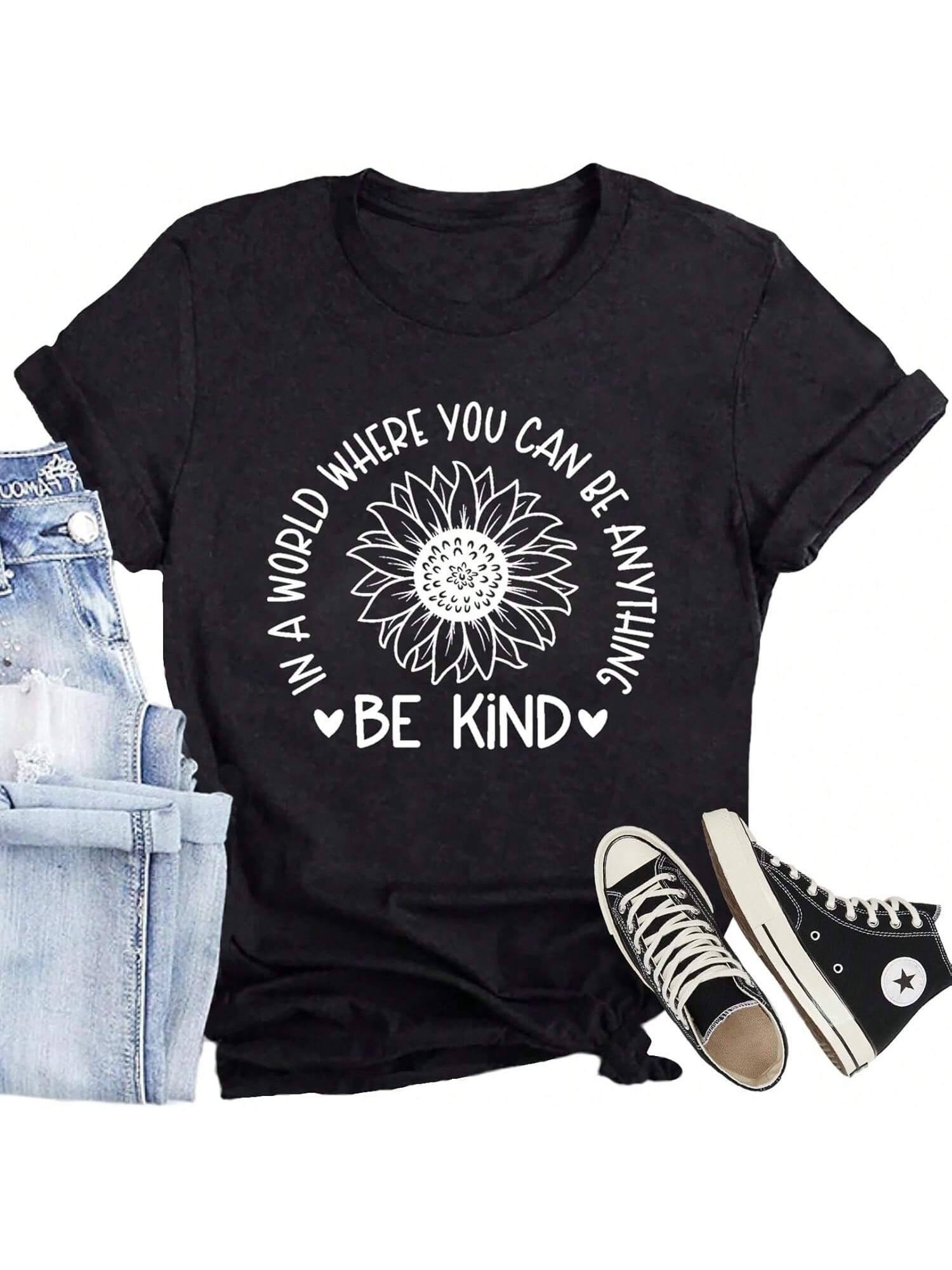 Be Kind Shirt For Women Flower Letter Print Tee Tops Casual Inspirational Kindness T-Shirt S