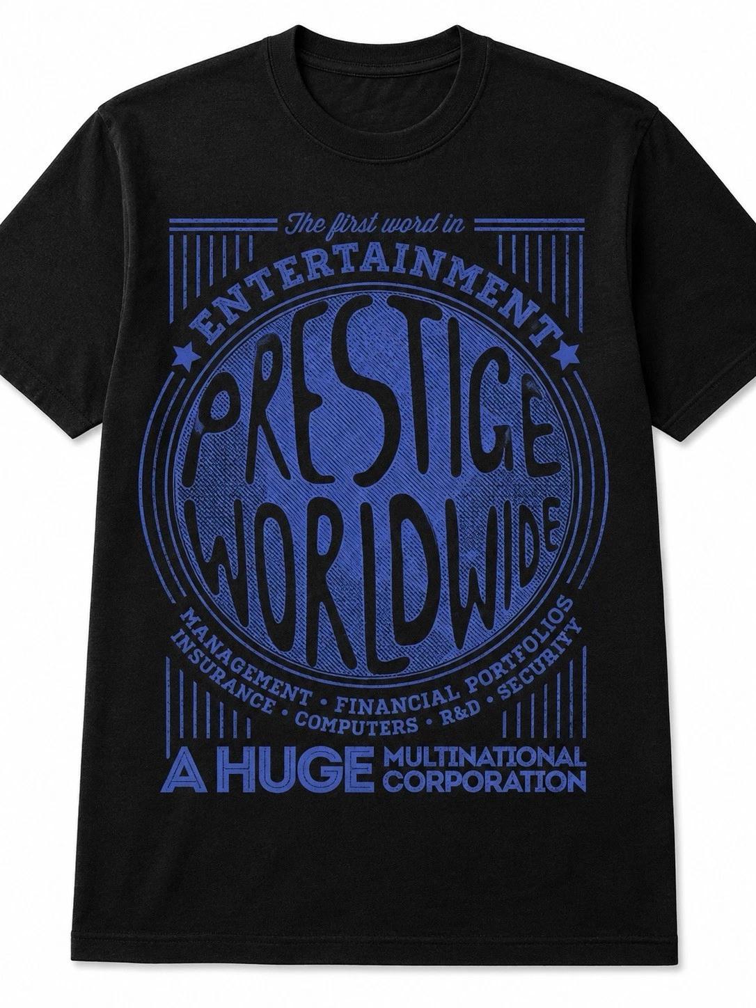 Prestige Worldwide Graphic T-Shirt | Retro Corporate Parody Tee | S