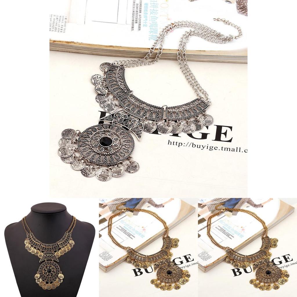 Ethnischer Stil Simulation Edelstein Mehrschichtig Runde Münze Metall Halskette für Frauen