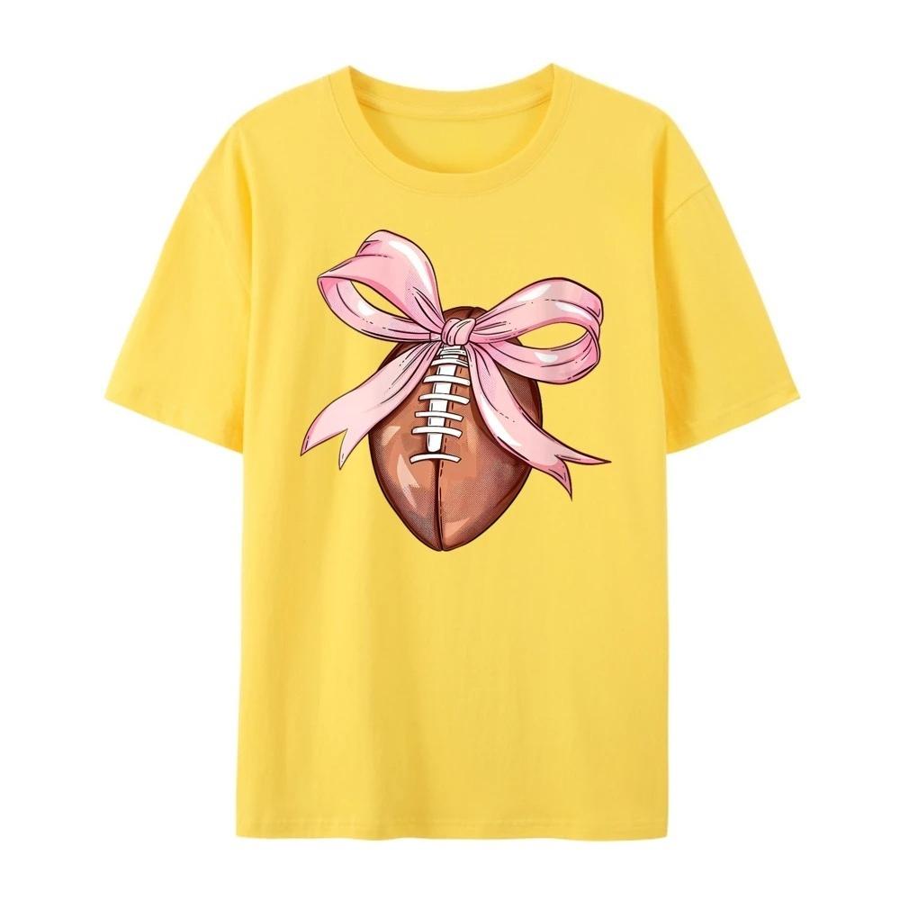 

Cute American bow football print pattern fashionable and casual short sleeved round neck Womens daily Tshirt S
