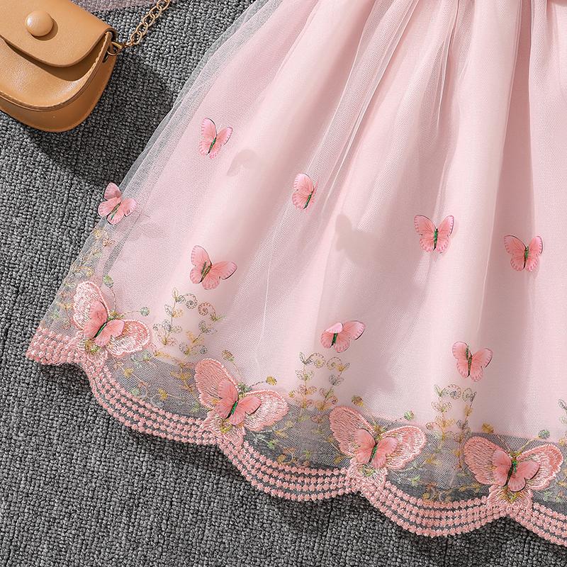 Kids Princess Dress Girls O Neck Wing Sleeve Bowknot Floral Print Embroidery Summer Sweet Birthday Party Clothing