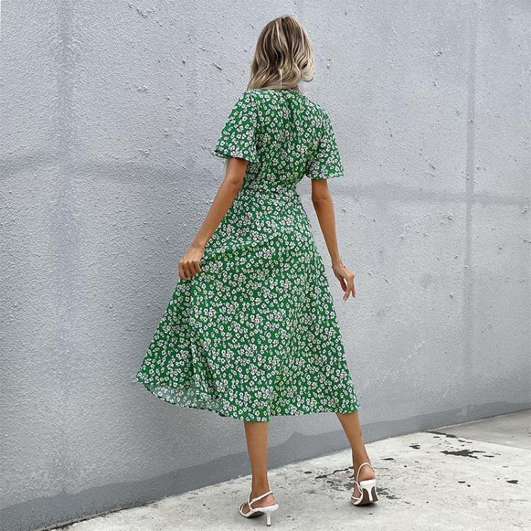 Women Floral Printed Bandage Casual Dress Green Beach Leisure Butterfly Sleeve Summer Ladies Female Dress