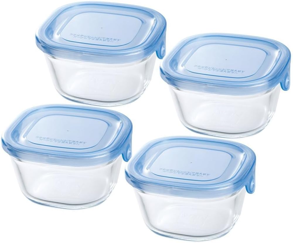 

Iwaki Glass Storage Aqua 200ml x Pack KBC3200BLN Heat-Resistant Container, Blue, Square, SS, 4, & Microwave, синий
