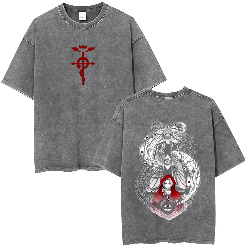 Camiseta Gráfica Lavada Vintage Anime Fullmetal Alchemist Edward Elric y Alphonse Elric para Hombre Mujer Manga Verano Retro Camisetas