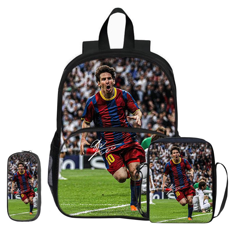 M-Messi 3Pcs Set with Front Pocket Backpack Football Sports Shoulder Bags Football Star Pencil Bag Student School Bags Rucksack