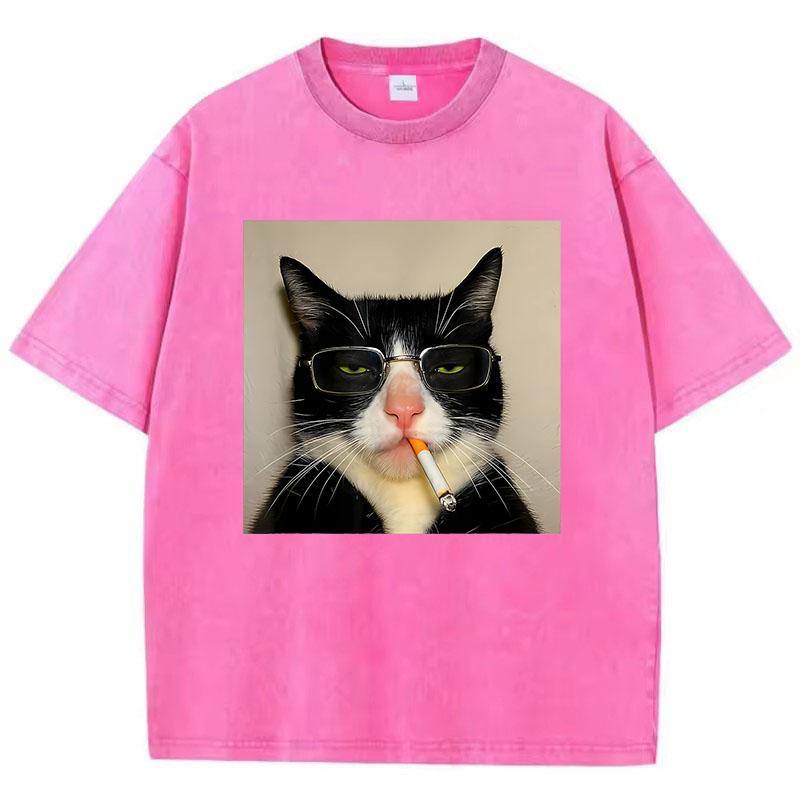 Oversize Cool T Shirt Vintage Washed Cotton T-Shirt Hip Hop Smoking Cat Graphic Tee Casual Streetwear Spring Summer