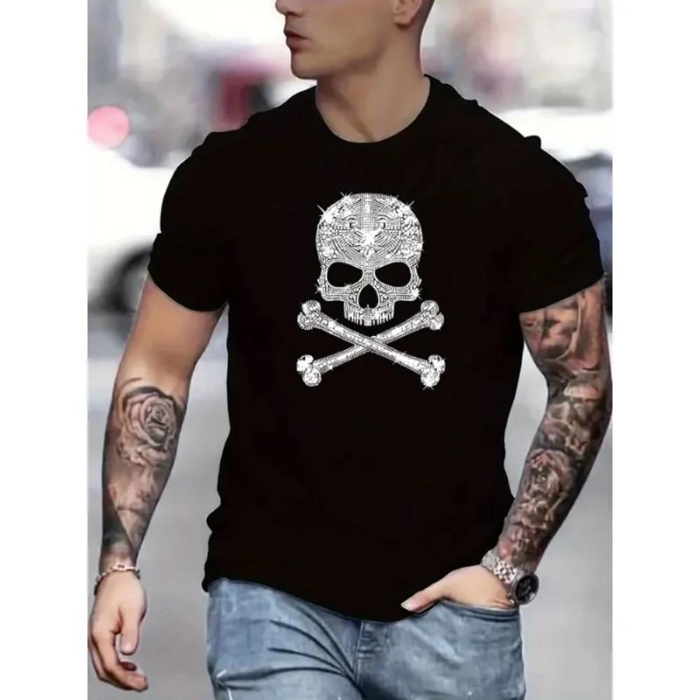 Diamond Skull Fun Pattern Printed T-shirt for Men's New Fashion Breathable Cotton Summer Casual T-shirt Large Daily Loose Top