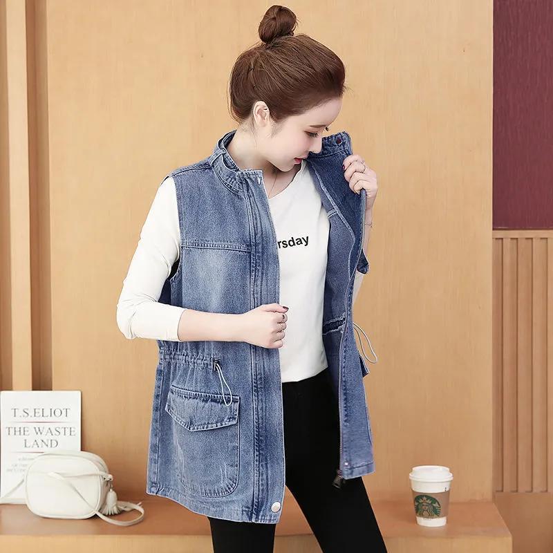 Veste Gilet en Denim Décontracté Coupe Ample pour Femmes Couleur Unie Tempérament, Vêtement d'Extérieur Mi-Long Style Rétro