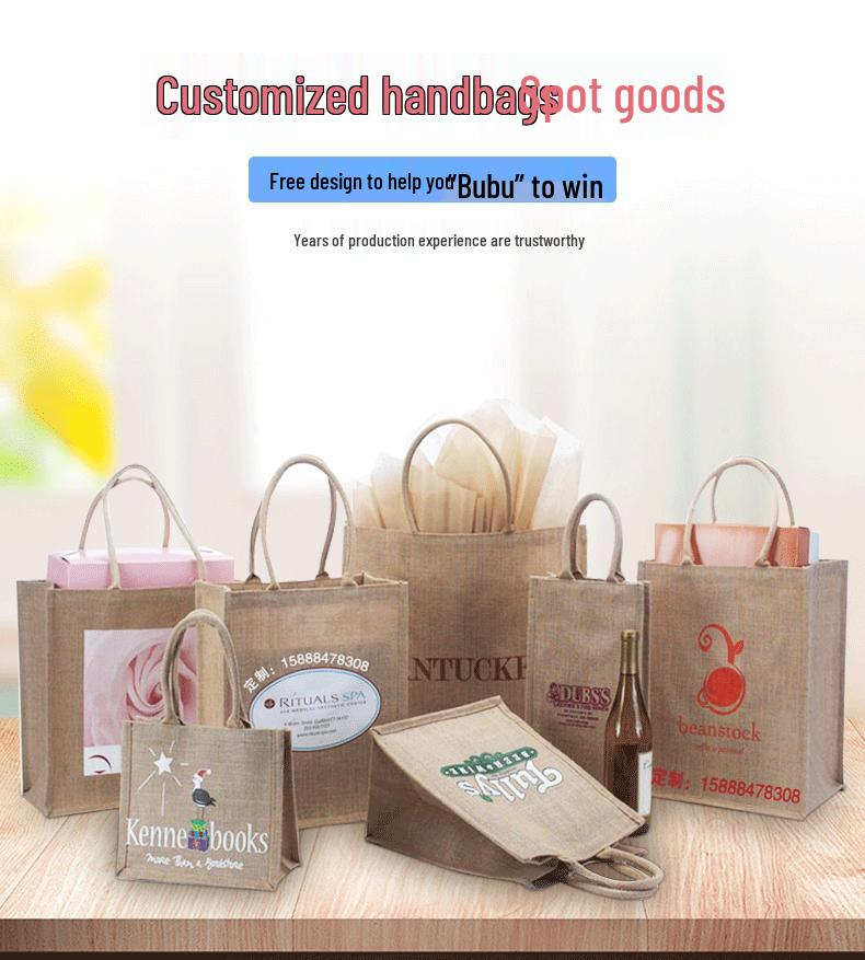 Bamboo Handle Jute Tote Bag - Retro Burlap Shopping & Gift Bag for Tea Storage