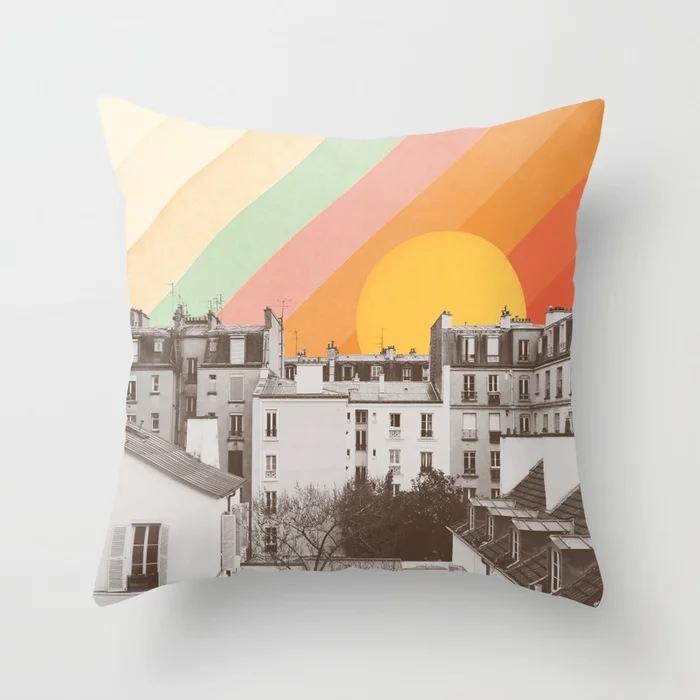 

Rainbow Striped Landscape Building Series Pillowcase Home Sofa Pillow Cushion Cover Soft 45*45cm
