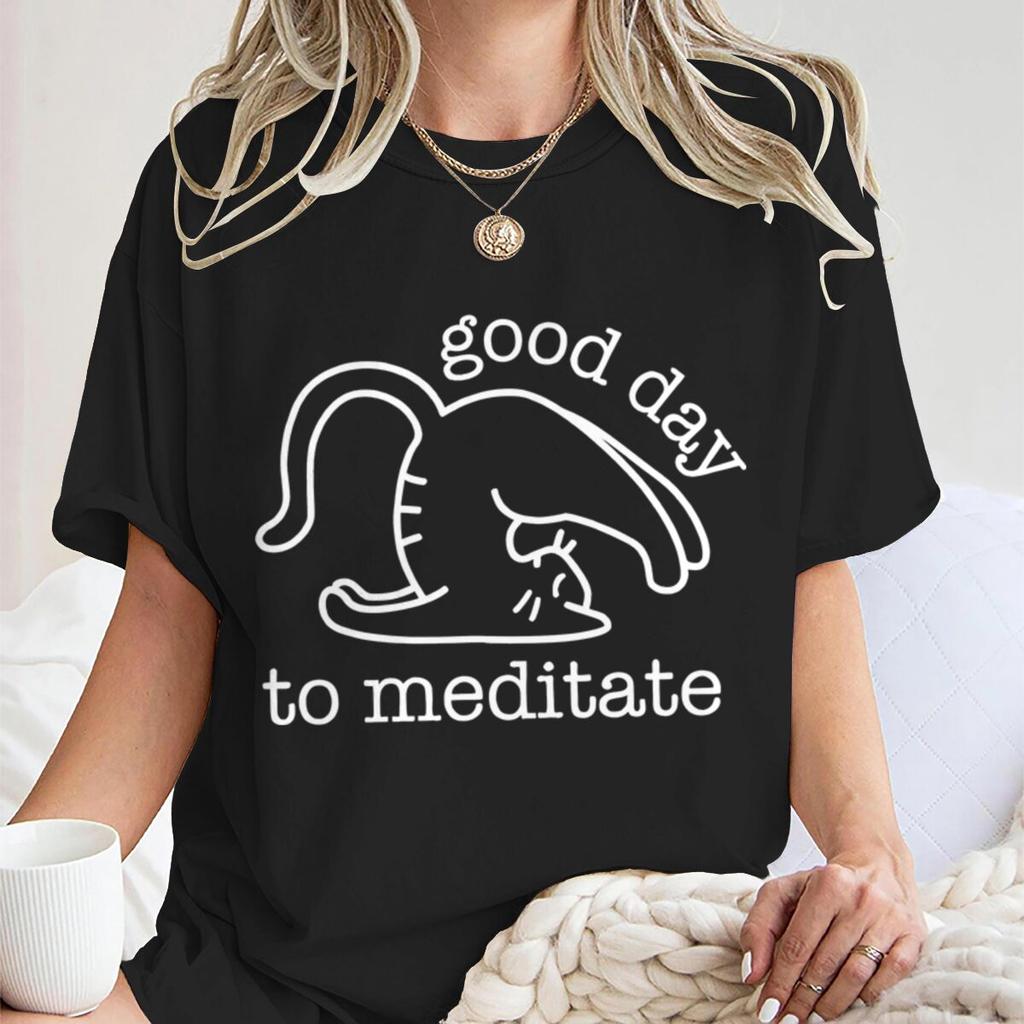 Cute Cat Yoga T Shirts Good Day To Meditate Retro Graphic Tees Women Unisex Short Sleeve Mom Dad Fun Casual Round Neck Tshirts
