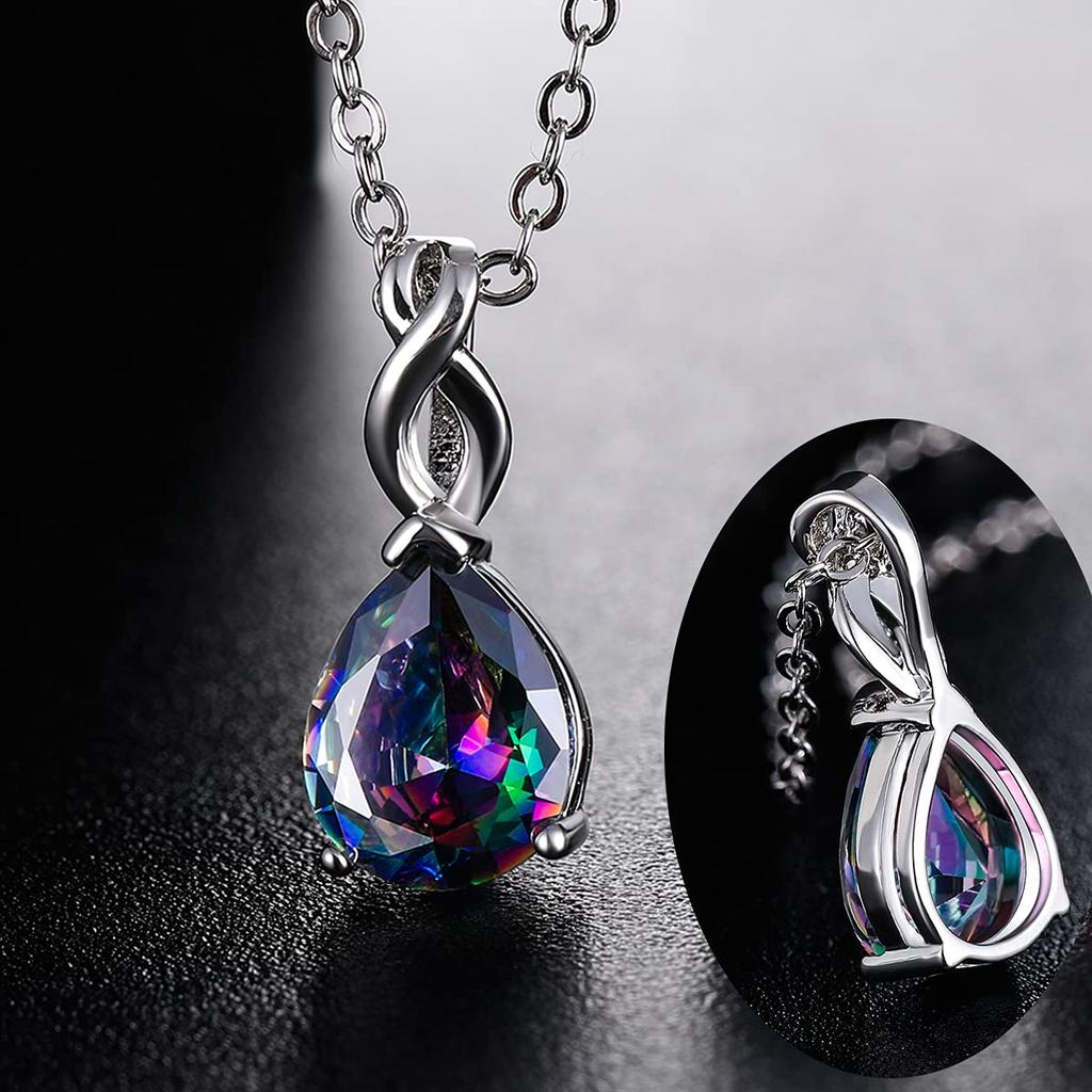 VOLUKA Weißer Feueropal Anhänger Halskette für Damen, Edelstein, Geburtsstein, Schmuck Geschenk für Mädchen…, Messing, Künstlicher Regenbogenquarz
