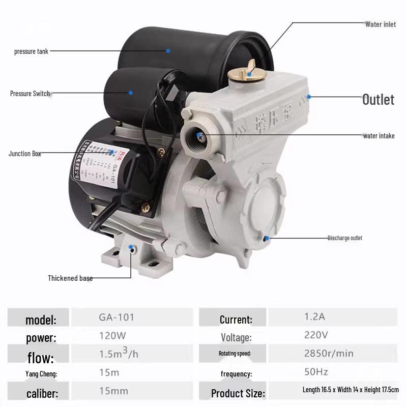 GA101 120W Fully Automatic Self-Priming Booster Pump for Hot/Cold Water, Universal Tap Water Pressurizer, 4-Point Water Drawing Pump