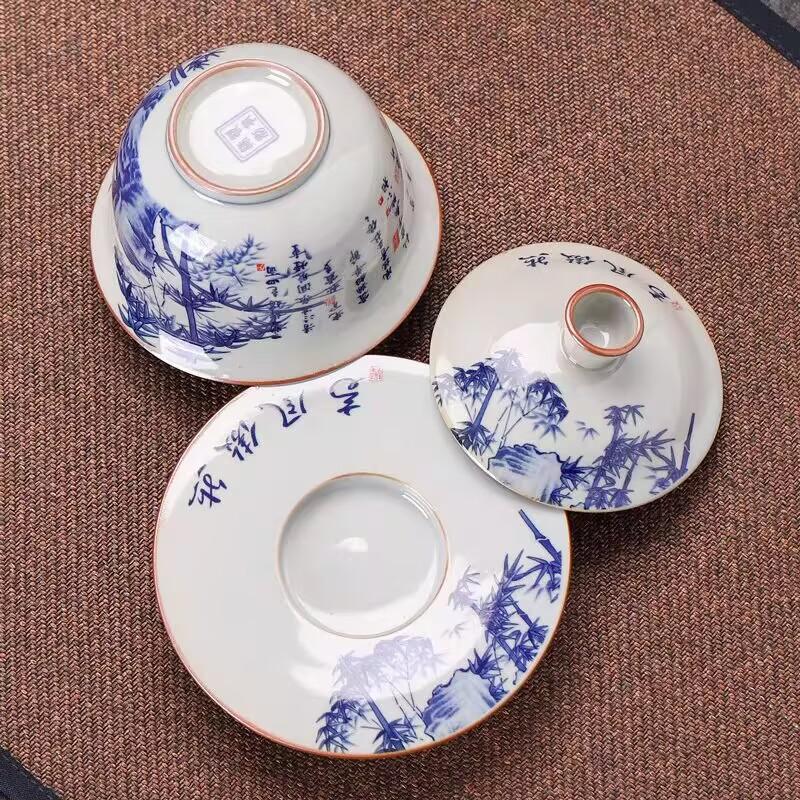 Blue And White Sancai Cover Bowl Ceramic Kung Fu Tea Set Teacup Household Tea Making Large Cover Bowl Anti-Scalding Tea Bowl