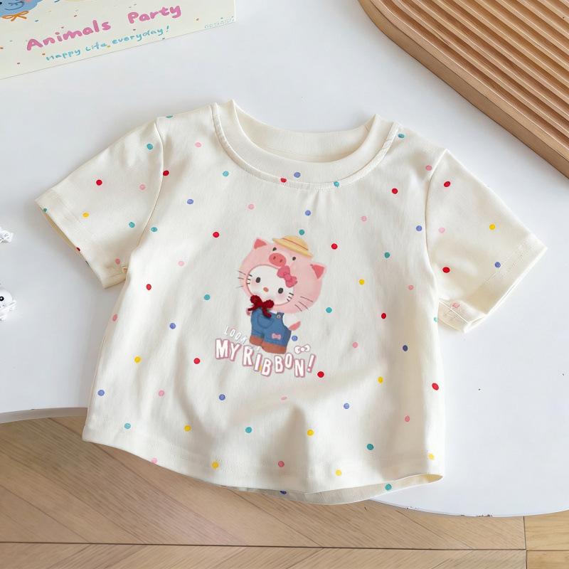 Girls 100% Cotton Short Sleeve T Shirt Colorful Dot Cartoon Print Summer Round Neck Top