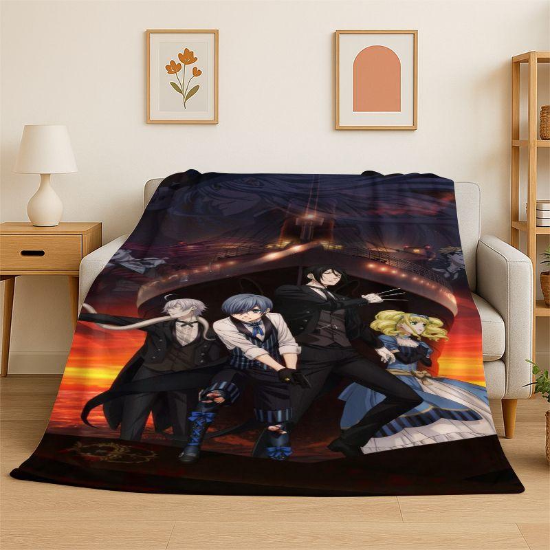 Black Butler Cartoon Anime Flannel Blanket Soft Warm Throw Blanket for Bedroom Living Room Bed Travel Camping Picnic Gift
