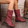 2025 Autumn Vintage Red Boots For Woman Buckle Strap Gothic Boots Woman Leather Boots Comfortable Round Toe Women's High Boots