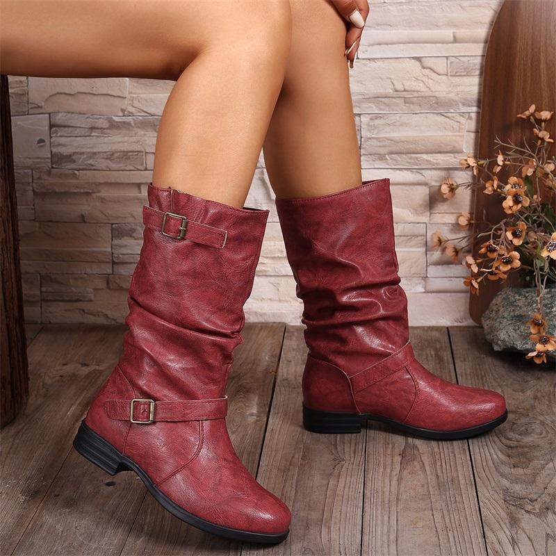 2025 Autumn Vintage Red Boots For Woman Buckle Strap Gothic Boots Woman Leather Boots Comfortable Round Toe Women's High Boots