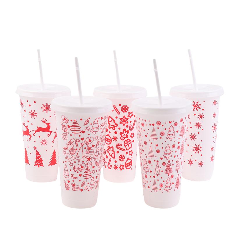 

710 мл Рождественская кофейная чашка-соломинка Многоразовая пластиковая чашка с крышкой с рождественской елкой и снежинками Новогодний декор, сувениры для рождественской вечеринки белый