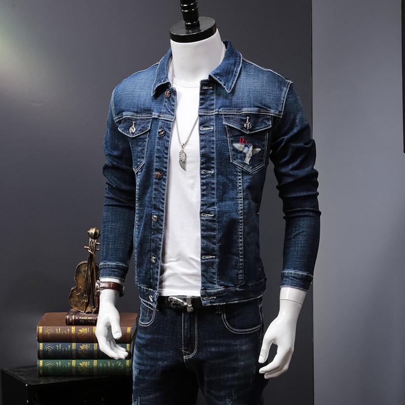 Cheap Denim jacket male embroidery trend slim denim clothing spring and