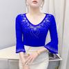 Summer Streetwear Women's Tops Shirt Elegant Slim V-Neck Hot Diamonds Mesh T-Shirt Flare Sleeve Slim Tees