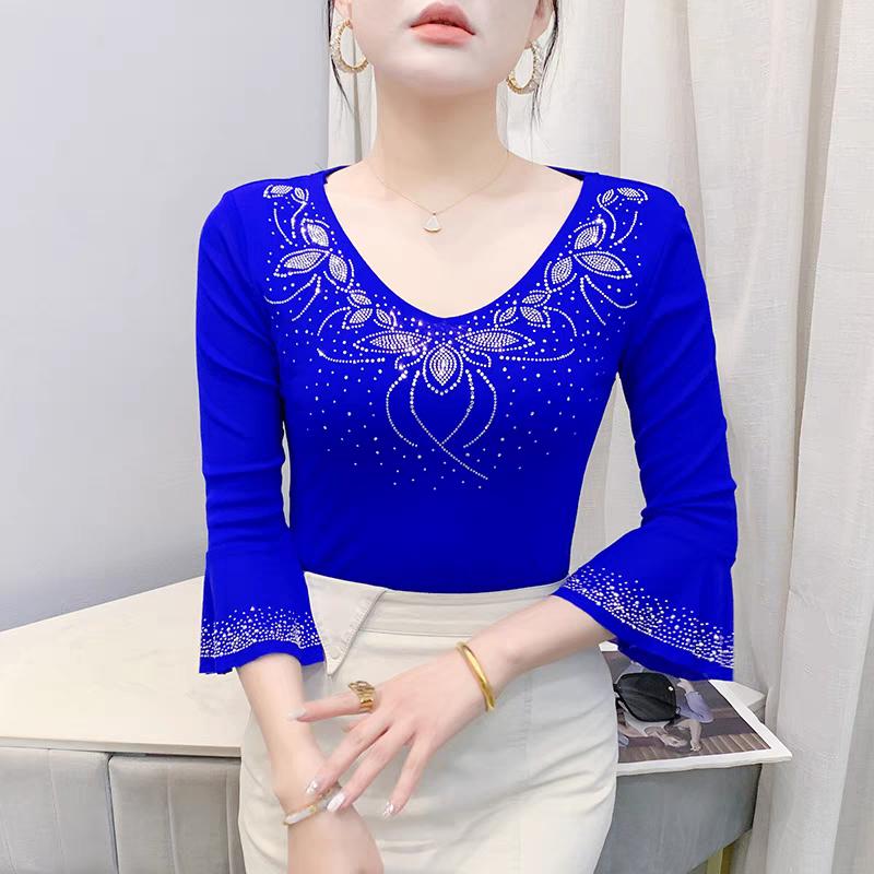 Summer Streetwear Women's Tops Shirt Elegant Slim V-Neck Hot Diamonds Mesh T-Shirt Flare Sleeve Slim Tees