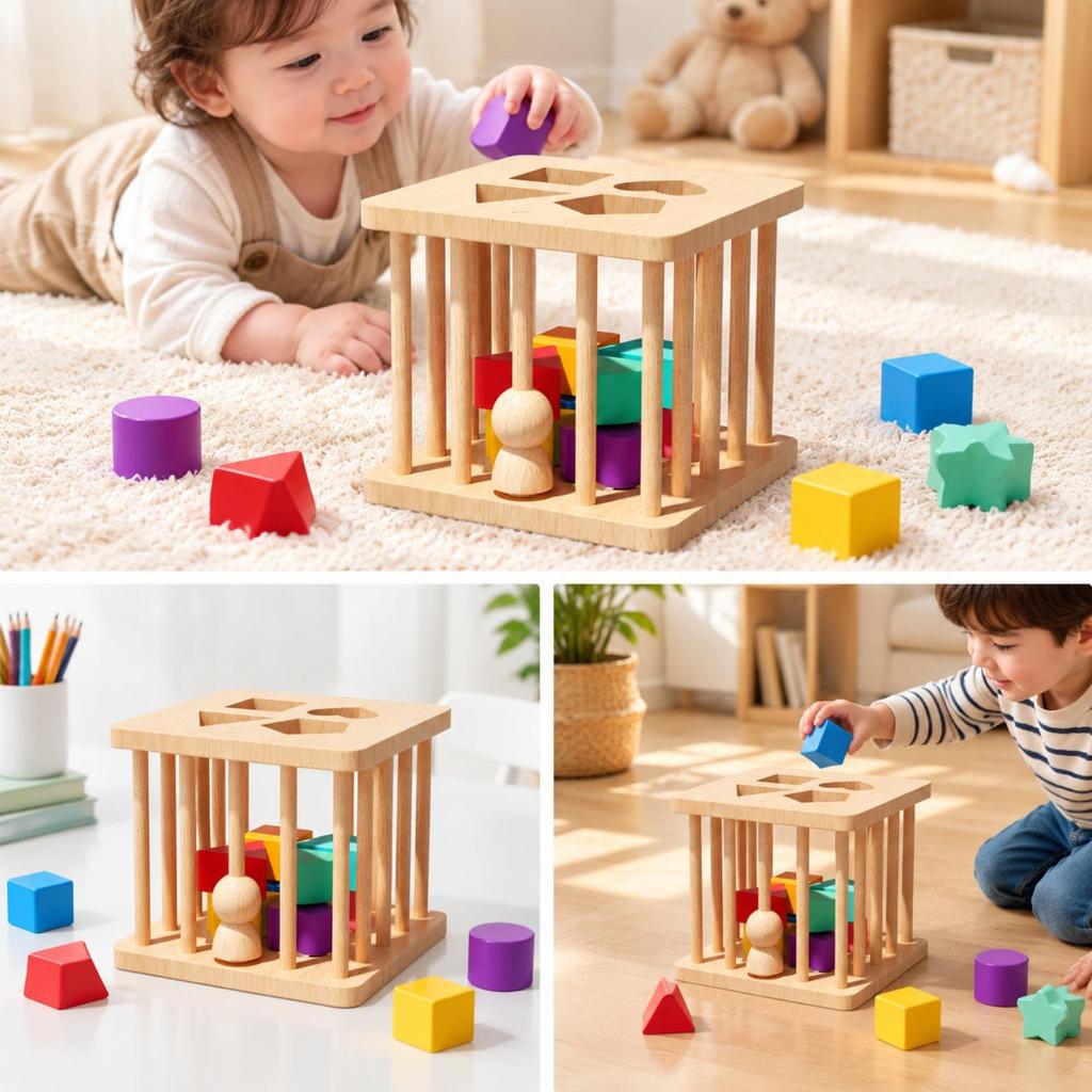 Holzformsortierbox mit geometrischen Blöcken, Haptisch, Montessori, Zuordnen, Frühes Lernen