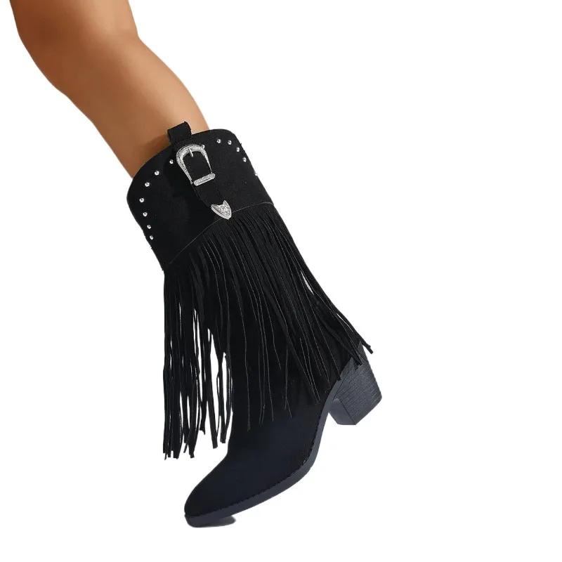 Cow Suede Tassel Ethnic Modern Boots Mid-calf Zip Pointed Toe Shoes Female 2025 Hot Sale High Heel Solid Novelty Women's Boots