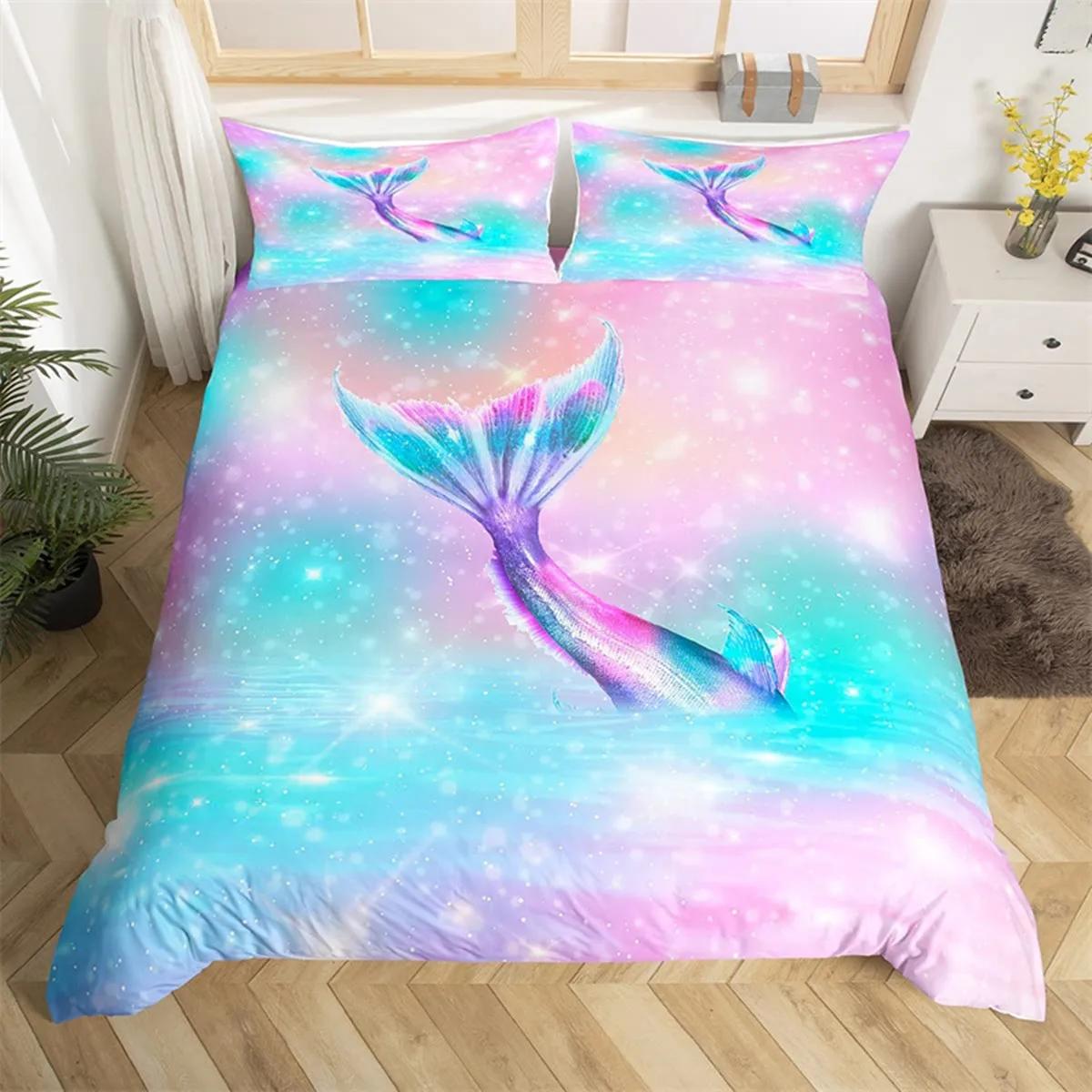 

Comforter Cartoon Mermaid Dolphin Rainbow Fish Scales Microfiber Fantasy Sea Animal Bedroom Decoration For Girls Children Teen Comforter (quilt)-EU Single(135*200cm)3pcs