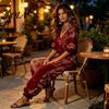 Pantaloni a vita alta regolabili Set estivi da 2 pezzi per donna, Stampa floreale Manica a sbuffo 3/4 Stile bohémien da resort Vestiti Top con scollo a V e abbinamento