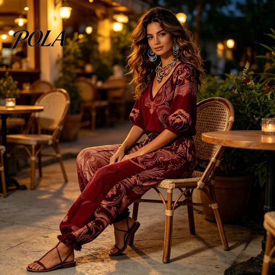 Pantaloni a vita alta regolabili Set estivi da 2 pezzi per donna, Stampa floreale Manica a sbuffo 3/4 Stile bohémien da resort Vestiti Top con scollo a V e abbinamento