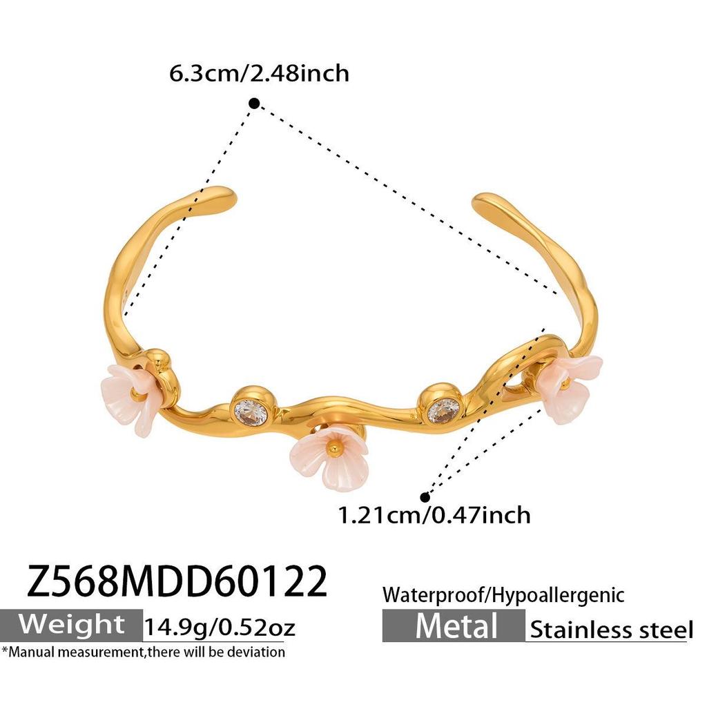 18K Gold-Plated Stainless Steel Zirconia Flower C-Shaped Open Bangle