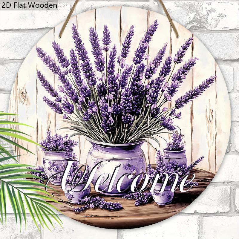 2D Flat, 1pc Purple Lavender Welcome Sign, Spring Home Wall Art Decoration Plaque, Yard Garden Balcony Door Hanging Decor, Perfect Gift for