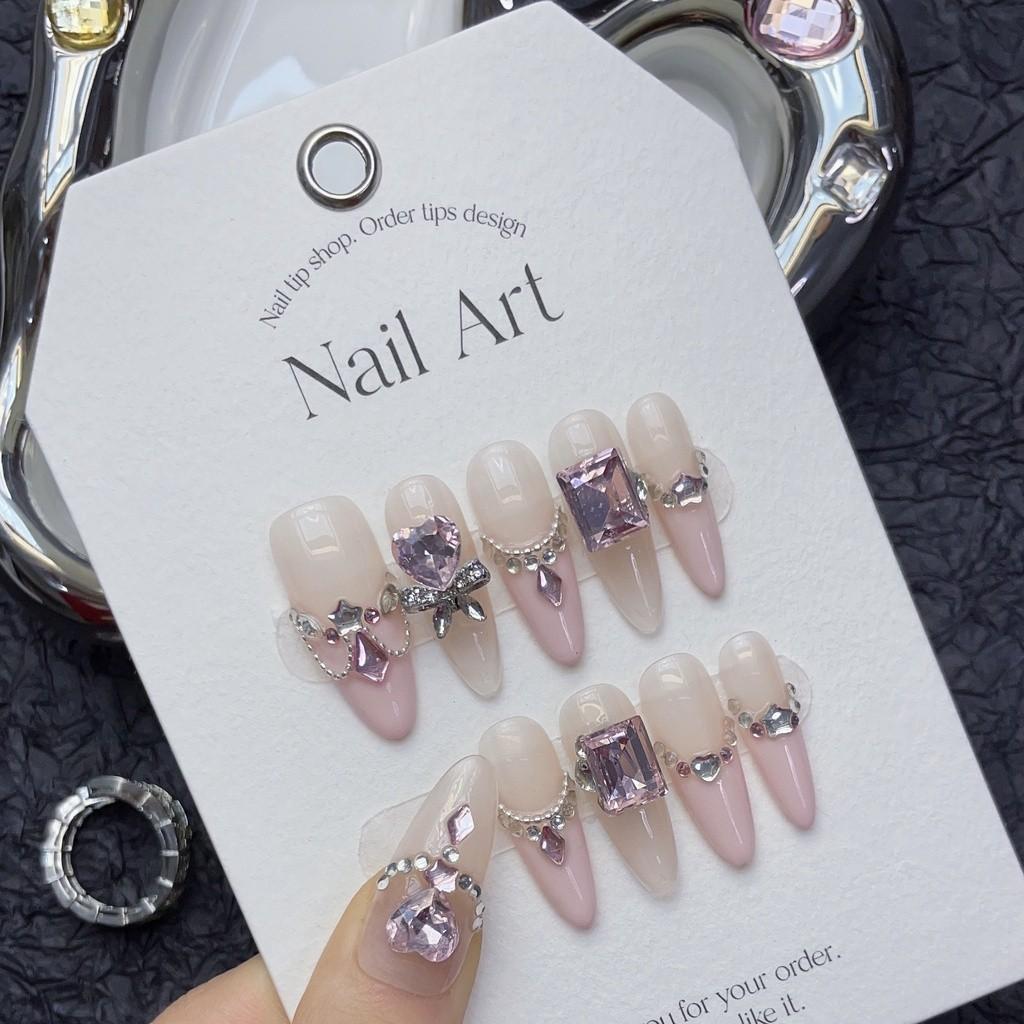 100% HANDMADE Almond Stiletto Fake Nail Art Love Bubble French Angel Wedding Dress Alloy Chain Phototherapy Nails Reusable and Removable Nails