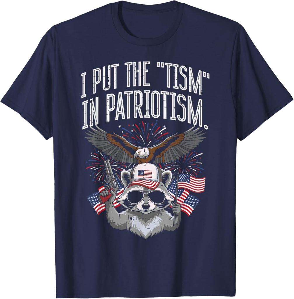 I Put The Tism In Patriotism Raccoon Funny Graphic Print Round Neck Cotton T Shirt Casual Tops