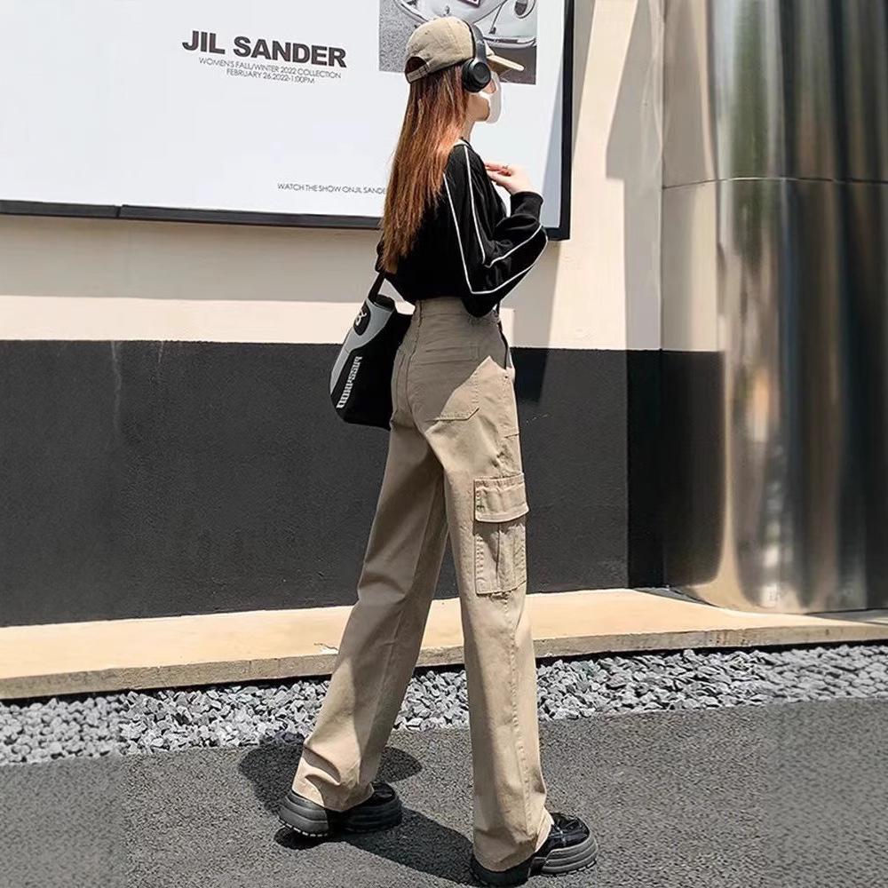 Khaki High-Waisted Slim Cargo Pants - Women's Spring/Summer Retro Straight-Leg Jeans
