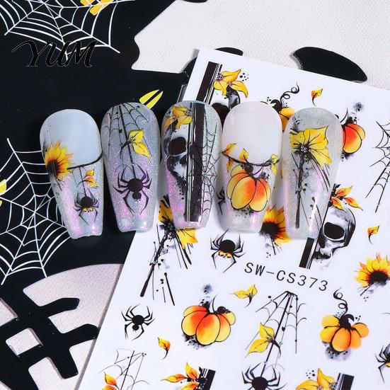 Waterproof Nail Art Women Stickers for Autumn Halloween, Pumpkin Spider Web Skull Flame Supplies Manicure Decal, DIY Holiday Party Decal