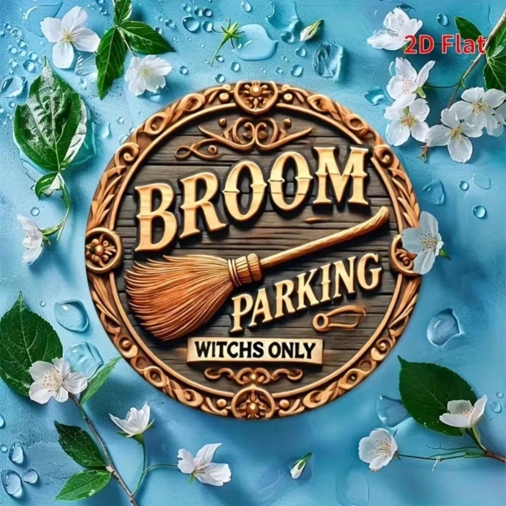 Vintage Metal Witch Sign Broom Parking Wall Art Rustic Floral Scroll Decor Home Halloween Porch